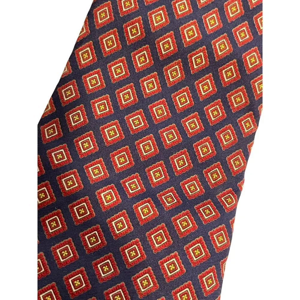 Vintage Bert Pulitzer Blue and Red Diamond Patterned Pure Silk Necktie
